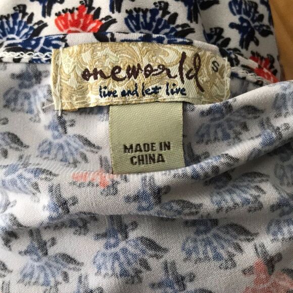 one world floral print lace/tie bodice boho top, S - Picture 5 of 5